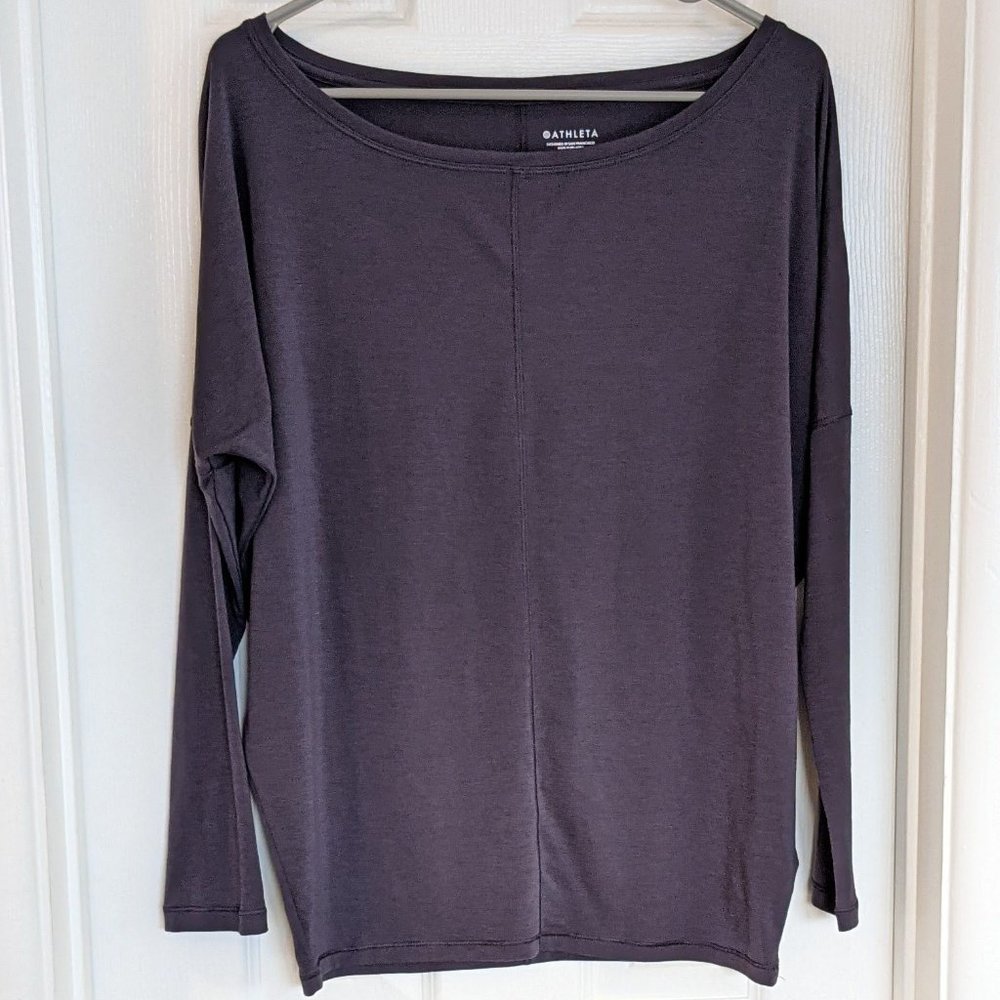 Athleta Essence Flow Oversized Long Sleeve Dolman Boatneck Grey Purple Top XS